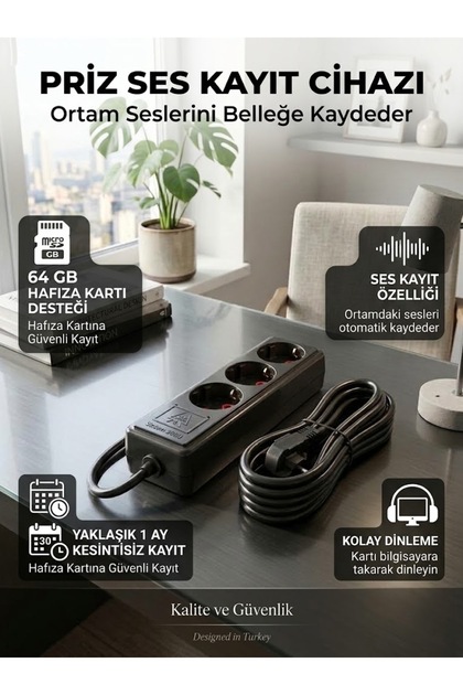 Siyah Kablolu 3'lü Priz Ses Kayıt Cihazı 64 GB Uzun Süreli Kayıt