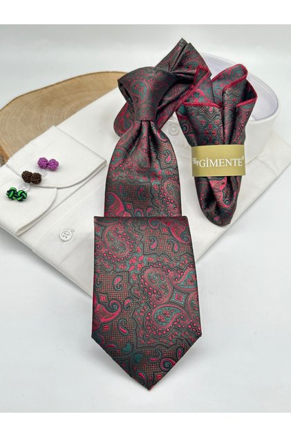 Green Burgundy Classic Tie with Shawl Patterned Handkerchief