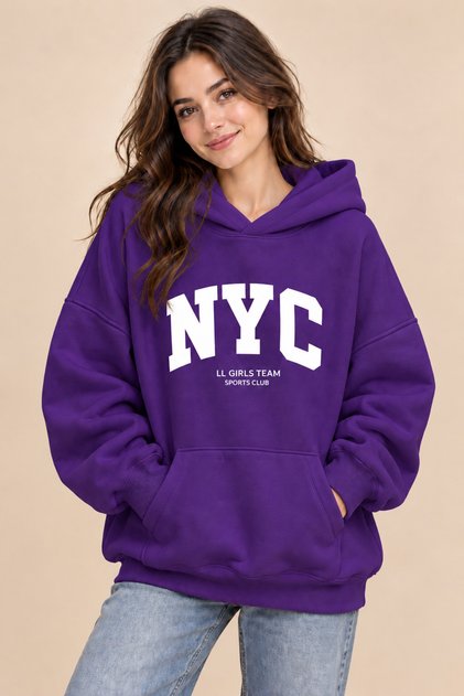 Дамски суитшърт с качулка с щампа NYC, 100% памук