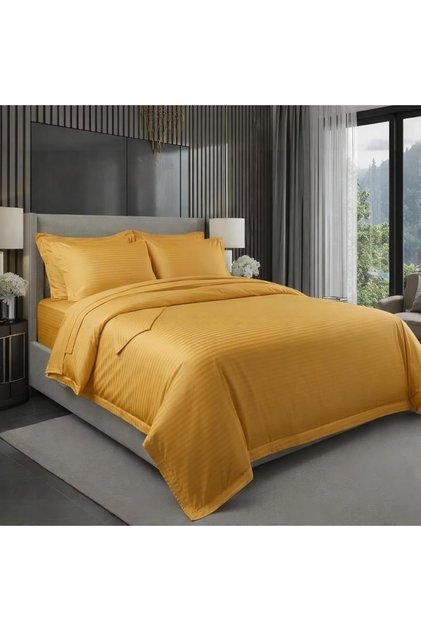 6 pcs Striped Duvet Cover Set Super king Size 240x260 Bedding Set – 1 Fitted Sheet, 1 Quilt Cover, 4 Pillowcases, Gold