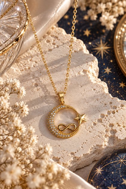 Moon Star Steel Infinity Necklace (Gold Color)