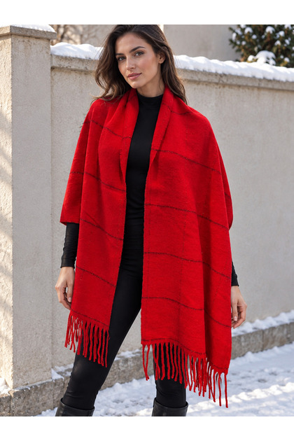 Red Glittery Line Detailed Soft Textured Tasseled Winter Shawl 200X50 cm Sal1334