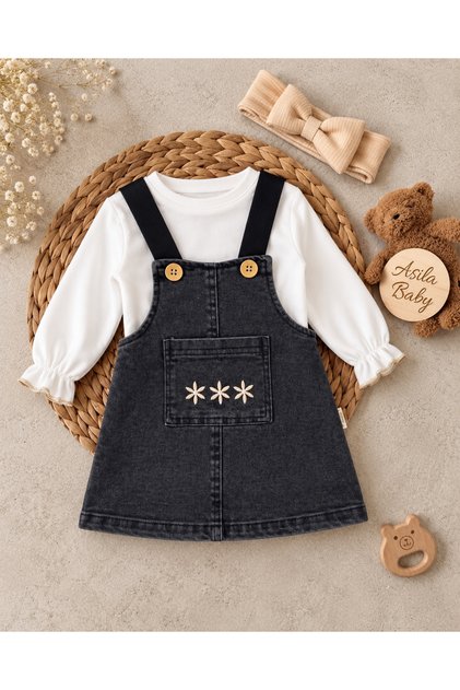 Elastic Strap Cherry Printed Lycra Denim Dress, Badi and Bandana 3-Piece Baby Girl Set