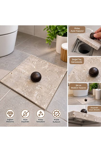 Doğal Traverten Mermer Banyo Gider Kapağı 10x10 cm Koku Önleyici - 1 Adet