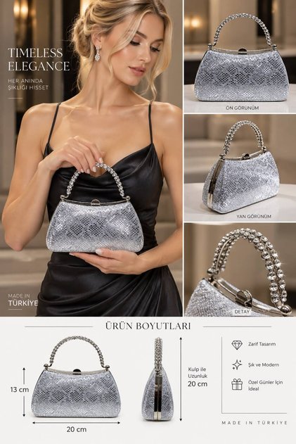 Gümüş Renk Yılan Desenli Materyal Tasarım Abiye Clutch Zincir Askılı El Düğün Nişan Gece Çantası