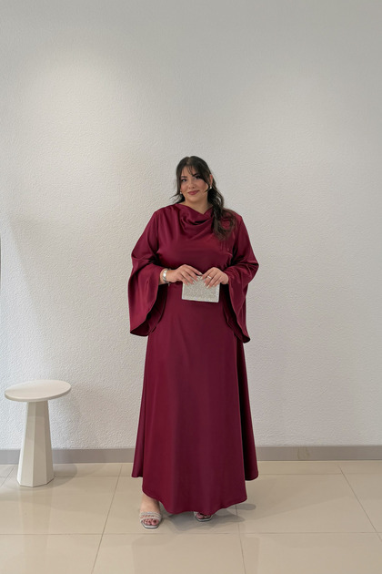BÜYÜK BEDEN KADIN VEREV SATEN ELBİSE - BORDO