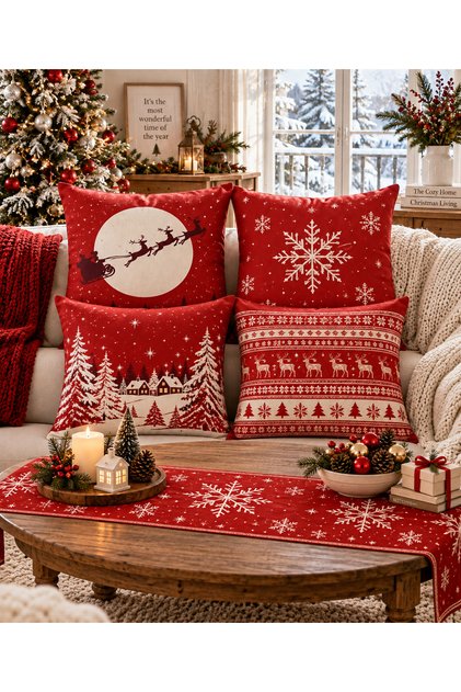 New Year's Throw Pillow Cover Set of 4 with Runner
