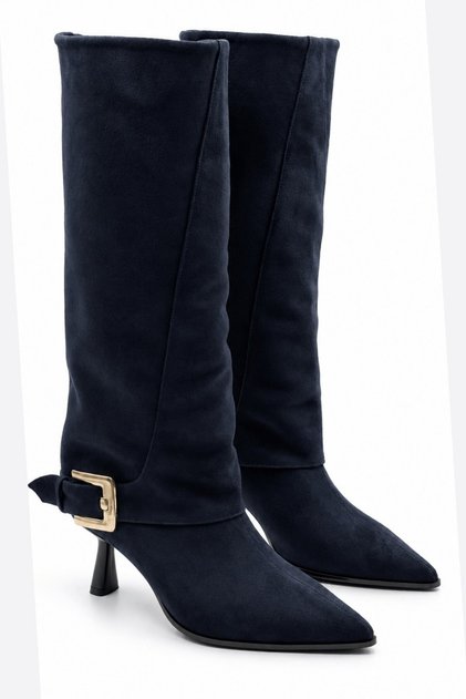 Emay Women's Suede Navy Blue Gold Buckle Bellows Pointed Toe Thin Heel Below the Knee Slouchy Boots 6.5 cm Heel