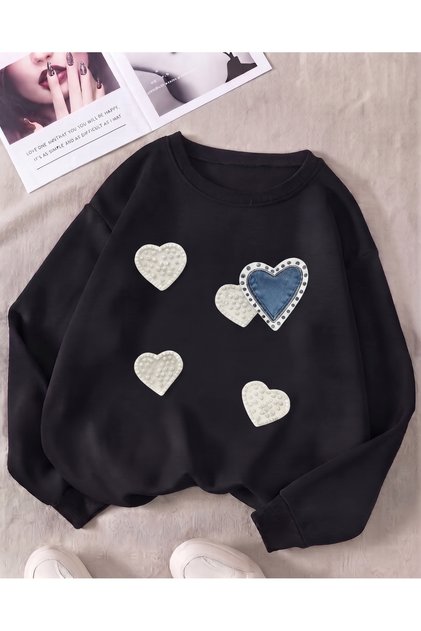 Love Heart Printed 2 Thread Crew Neck Raised Letter Oversize Sweatshirt