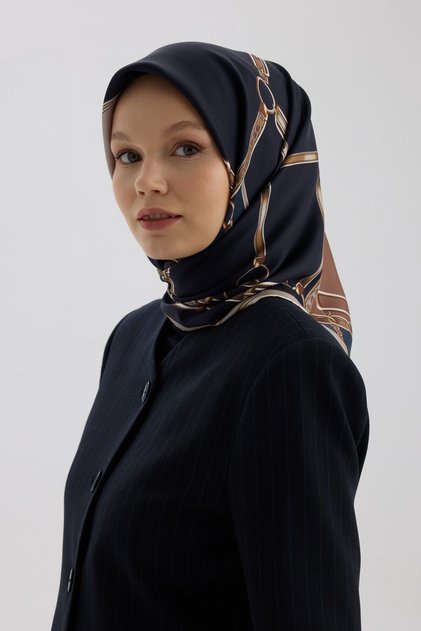 Twill Silk Scarf 53007 Navy Blue Brown