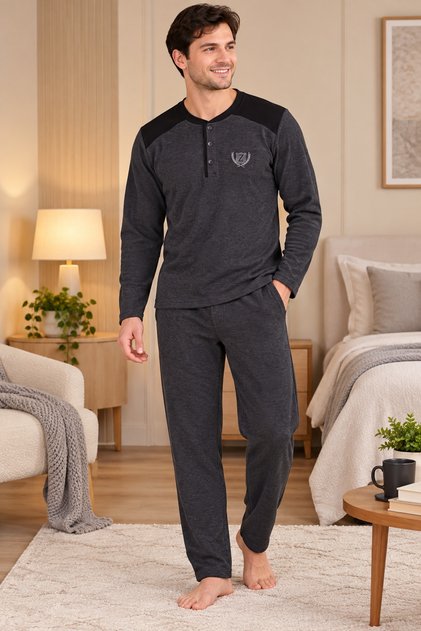 Erkek Kışlık Pijama Takımı, Selanik Örme, Kalın Kumaş, %100 Pamuk, Düğmeli Yaka, Cepli, Antrasit & Siyah