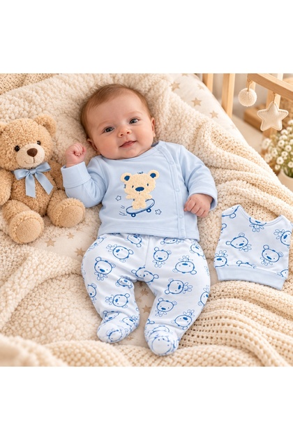 Set bebe ursulet din bumbac 3 piese bleu cu pantaloni imprimati si botosei integrati