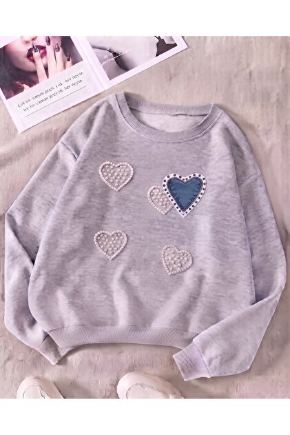 Love Heart Printed 2 Thread Crew Neck Raised Letter Oversize Sweatshirt