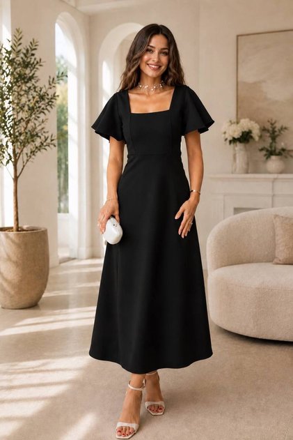 Women's Square Neck Ruffle Sleeve Midi Dress