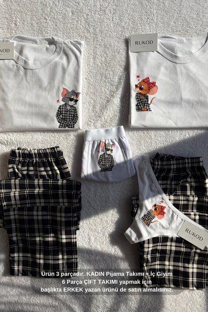 Women's Single White Black Plaid Kitten & Mouse Pajama and Underwear Set (Women's Version of Couple's Pajamas)