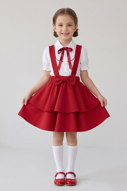 Girl's Red Bowknot Red Piping Short Sleeve Shirt Red Bowknot Layered Salopet April 23 October 29 Show Outfit