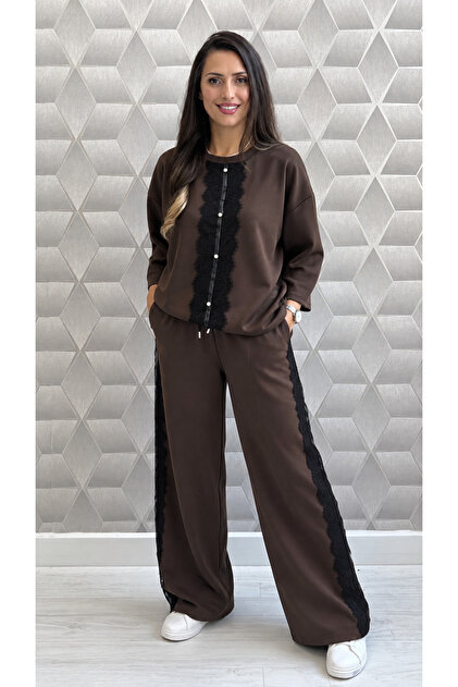 Trening Damă Din Vâscoză Elastică 50%, Bluză Si Pantaloni Cu Detalii Din Dantelă