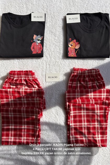 Women's Single Black Red Plaid Kitten & Mouse Pajama Set (Women's Version of Couple Pajamas)