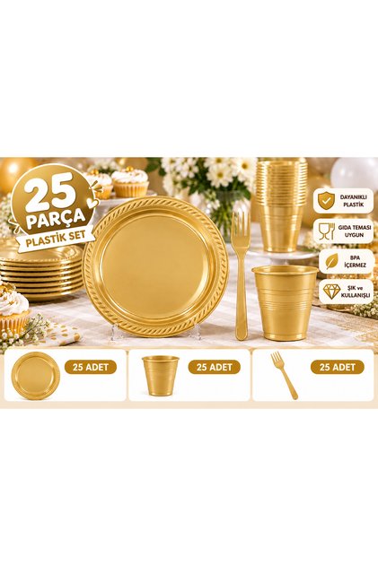 25’li Plastik Tabak Bardak Çatal Seti 75 Parça Doğum Günü Parti Sofra Seti