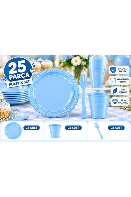 25’li Plastik Tabak Bardak Çatal Seti 75 Parça Doğum Günü Parti Sofra Seti