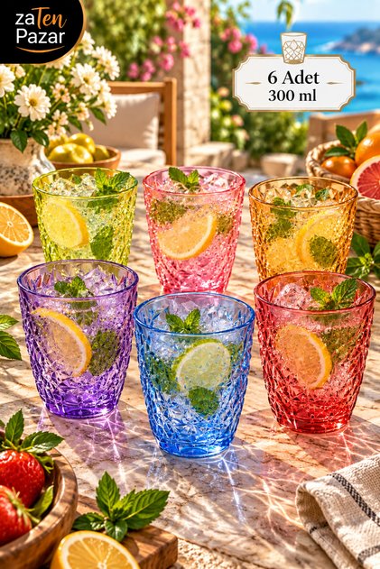 6'lı Renkli Cam Bardak Seti 300 ml Kristal Kesim Prizma Desenli Su Meşrubat ve Kokteyl Bardağı