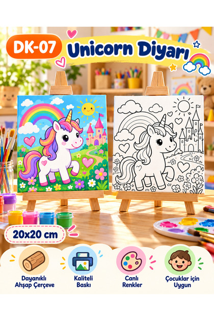 Unicorn Diyarı Çocuk Boyama Tuvali 20x20 cm – Ahşap Çerçeveli Kanvas Tablo