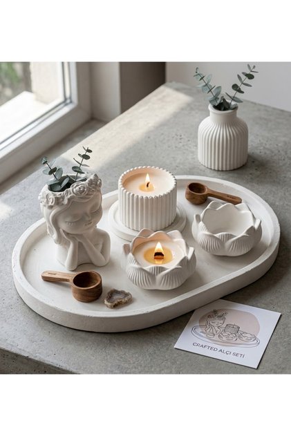 Modern Lüks Ev Dekorasyon Seti | Dekoratif Tepsi, Saksı ve Lotus Mum Kombinasyonu