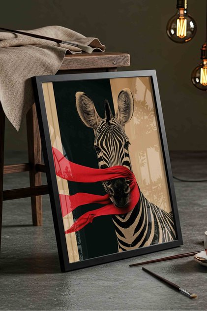 Kırmızı Fularlı Zebra Tablosu Siyah Beyaz Zebra Portresi Moda – Fularlı Zebra – Çerçeveli