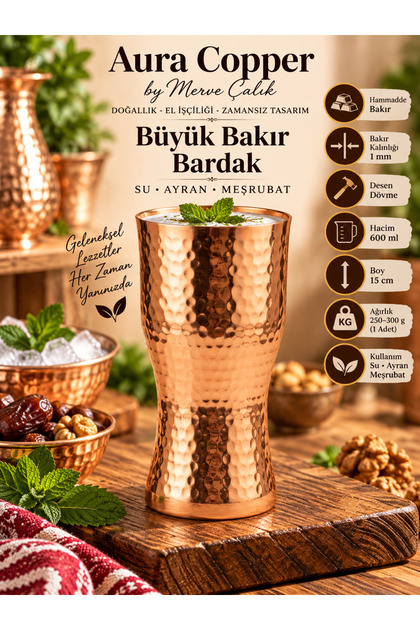 El Yapımı Dövme Bakır Bardak 500-600 ml Meşrubat Bardağı KC-00017 Bakır Büyük Boy 600 ml
