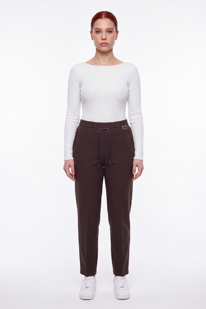 Women's Coffee Color Winter High Waist Knitted Trousers with Accessories and Adjustable Waist