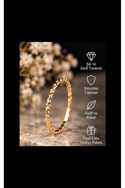 Kadın Gold İnce Dokulu Yüzük – Minimal Zarif Halka Tasarım