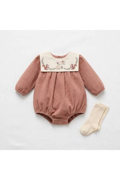 Baby Girl Squirrel Detailed Velvet Romper and Socks Set Cinnamon