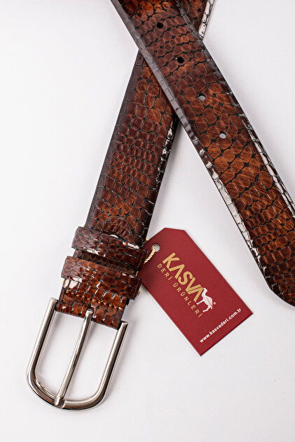 Tan Shiny Fine Pattern Crocodile Leather Belt 3.5 cm