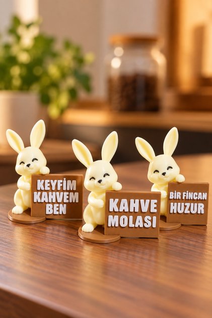 3'lü Kahve Köşesi Sevimli Tavşan Bibloları – Kahve Molası Dekoratif Biblo Seti