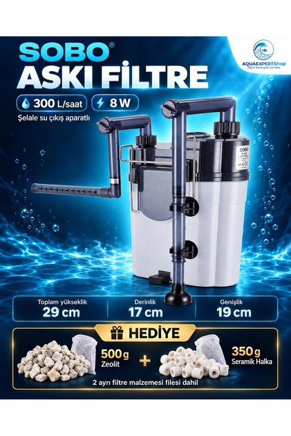 Akvaryum Askı Filtre - 300 LT/Saat - Seramik Halka + Zeolit Hediyeli - Şelale Filtreli - Aktif Temizlik - Temizlenebilir Sünger
