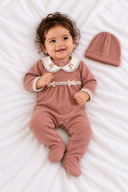 Baby Girl Set - Romper Set with Floral Embroidery and Lace Collar, 2-Piece Beanie Romper Set