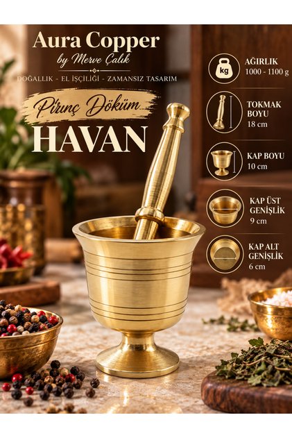 Pirinç Döküm Havan Tokmak Seti 1 Kg Baharat Sarımsak Ezici 10 cm - Klasik Pirinç