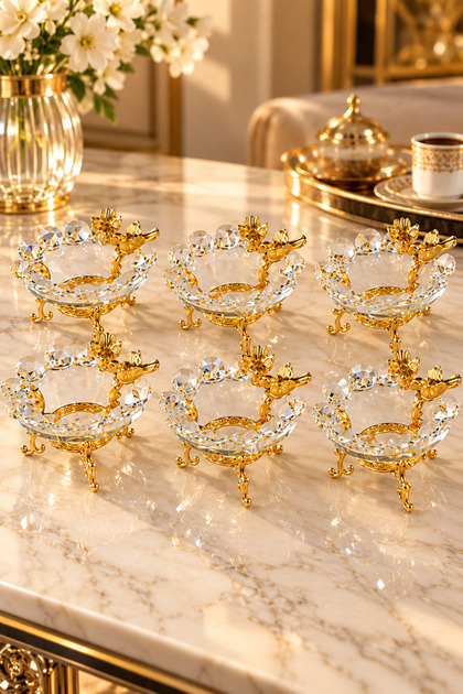 6’lı Kristal Kahve Yanı Lokumluk – Gold Metal Ayaklı Dekoratif İkramlık Çerezlik