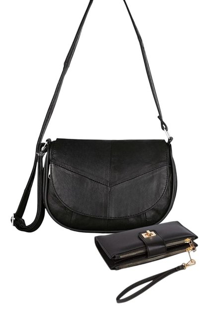 Genuine Leather Women's Black Bag and Wallet Gift Set (Bag and Wallet Gift Set)