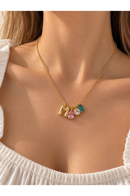 Letter m Colorful Stone Detailed Necklace |   Gold Color Elegant and Stylish Letter Necklace