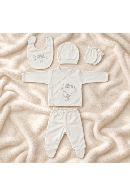 Set nou nascut 5 piese din bumbac alb cu iepuras Dreamer, bluza petrecuta si botosei integrati