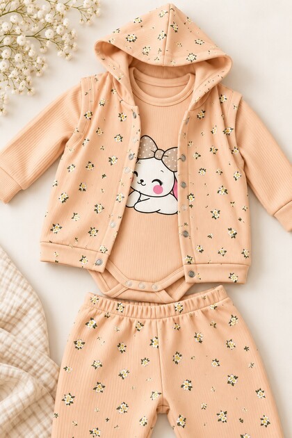 Baby Girl 3-Piece Set Rabbit Printed T-Shirt Pants Hooded Vest 3 6 9 12 Months