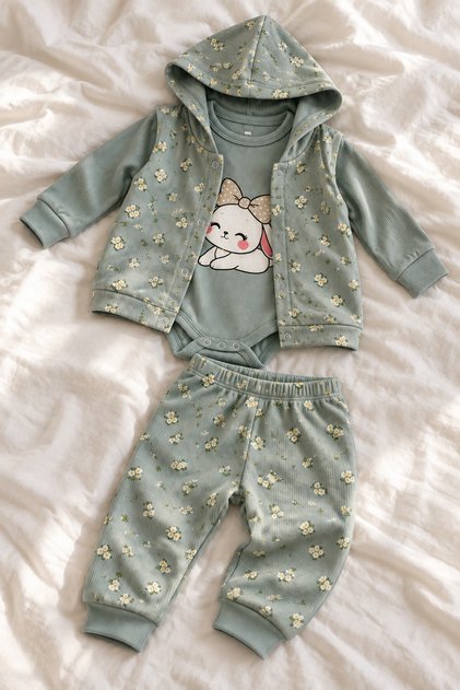 Baby Girl 3-Piece Set Rabbit Printed T-Shirt Pants Hooded Vest 3 6 9 12 Months