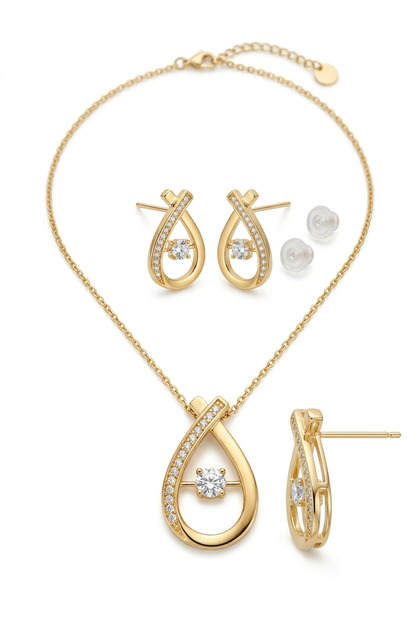 925 Ayar Gümüş Gold Hareketli Taşlı Damla Kolye Küpe Set Zirkon Taşlı Kadın Takı Seti