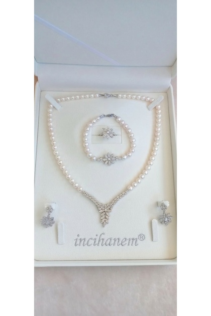 925 Ayar Gümüş Lotus Çiçeği İncili Takım Set Zirkon Taşlı Kolye Bileklik Küpe Yüzük 4'lü Tam Takım