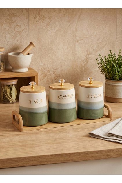 3 Piece Ceramic Kitchen Canister Set with Bamboo Lids and Tray, Tea Coffee Sugar Storage Jars, Airt
