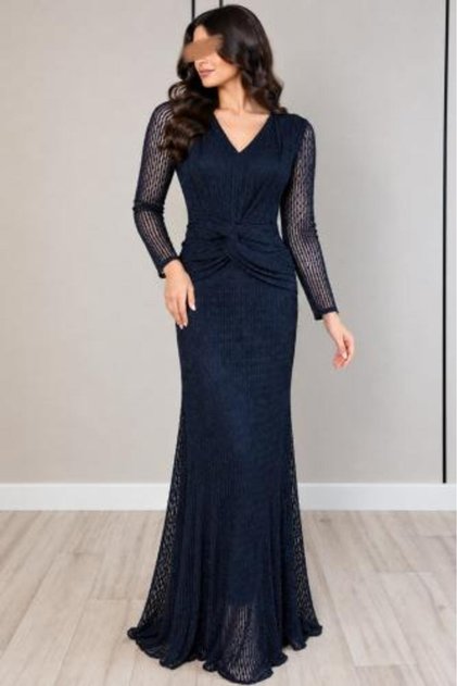 Women's Navy V-neck Dress with Cut and Long Mesh Sleeves | ARUSHI