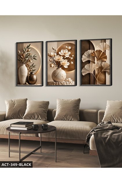 Coffee Leaves and White Flower in Vase 3 Piece Wooden Framed Painting Act