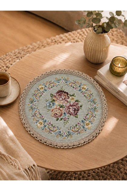 Royal Bouquet Goblen Fiskos Cover – 30 cm Round Decorative Coffee Table Cover
