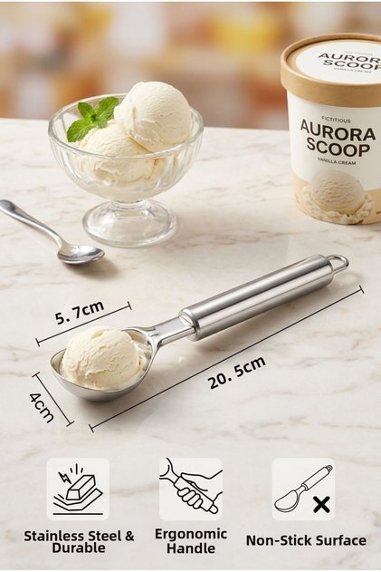 Steel Ice Cream Scoop 20.5 cm - Ergonomic Handle Ice Cream, Fruit and Halva Scoop / Serving Spoon